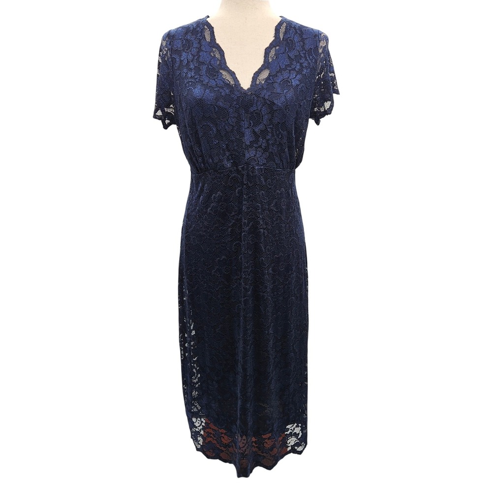 WinterSilks Navy Blue Lace V-Neck Midi Dress‎ Short Sleeve Empire Waist Womens M